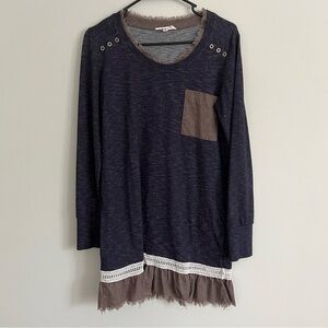 BD Collection Navy Blue Ruffle and Crochet Detailed Long Sleeve Tunic